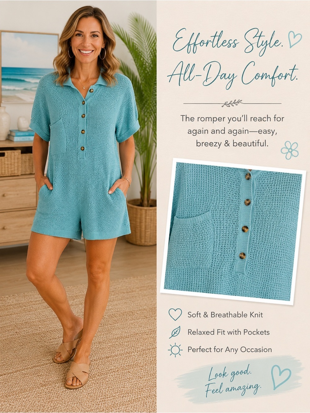 Bucket List Teal Knit Short Sleeve Romper S